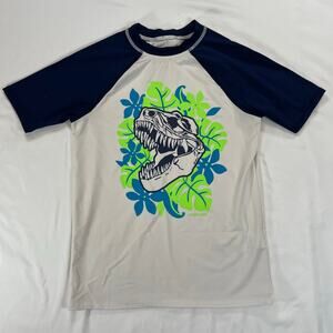 Lands' End Boys Blue White T-Rex Dinosaur Rash Guard Swim Shirt Size M 8